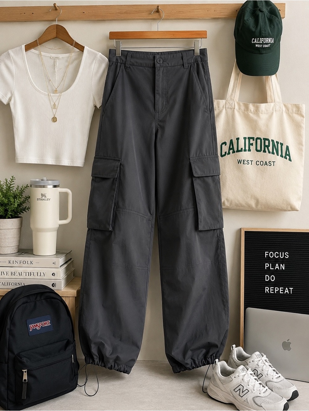 NWOT Love Tree Gray Utility Cargo Parachute Pants Size Large Drawstring Hem